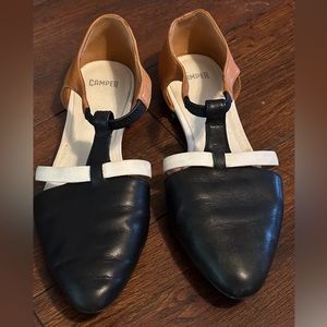 Camper leather, tan and black, pointed-toe loafers, minimal wear